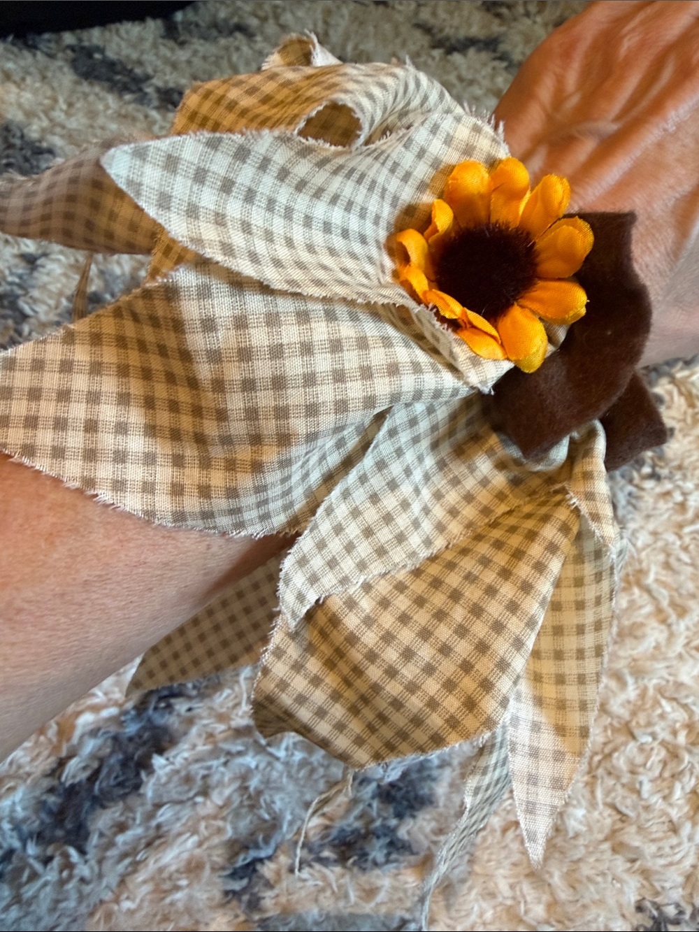 Scarecrow wrist decor. Beige Gingham Wrist Cuff with Yellow Flower